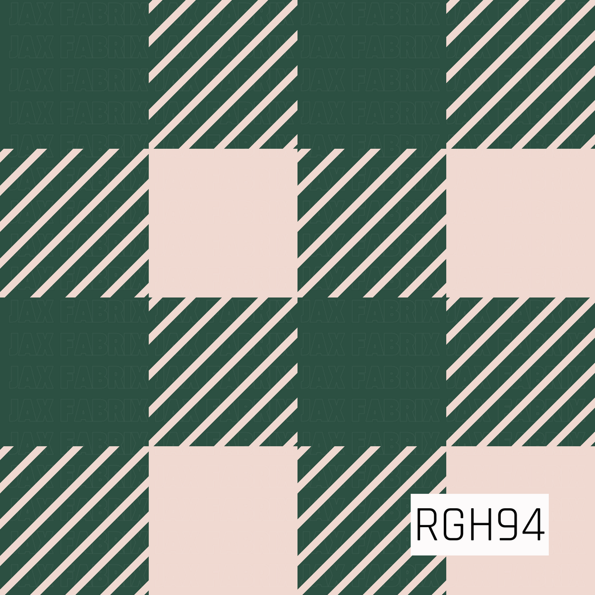 A bold plaid pattern featuring deep forest green and soft cream in an oversized buffalo check layout. Diagonal cream stripes add texture within the green sections, giving the classic plaid design a modern, graphic feel.
