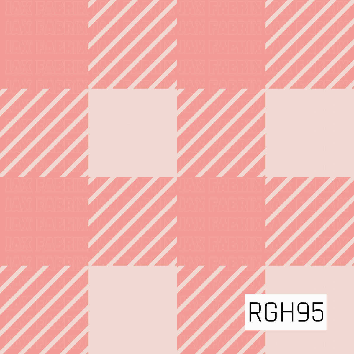 A bold plaid pattern featuring warm coral pink and soft cream in an oversized buffalo check layout. Diagonal cream stripes add texture throughout the pink sections, giving the classic plaid a clean, modern look.
