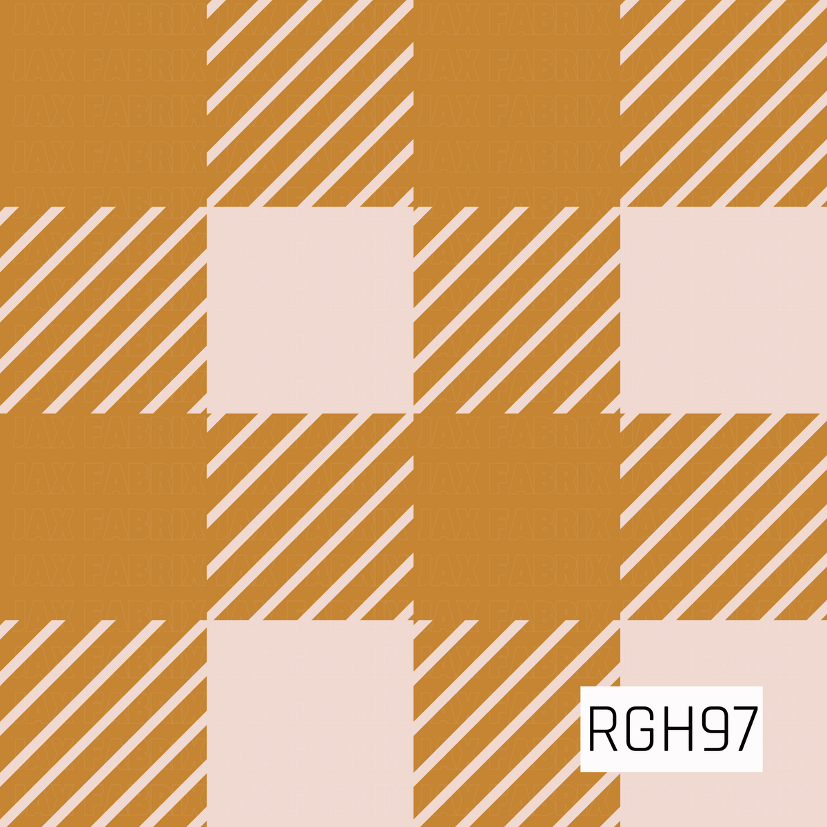 A warm golden mustard and soft cream plaid pattern featuring oversized blocks with diagonal striped detailing. The rich golden tones give this classic check design a cozy, vintage-inspired feel.
