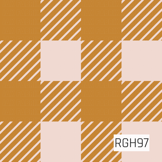 A warm golden mustard and soft cream plaid pattern featuring oversized blocks with diagonal striped detailing. The rich golden tones give this classic check design a cozy, vintage-inspired feel.
