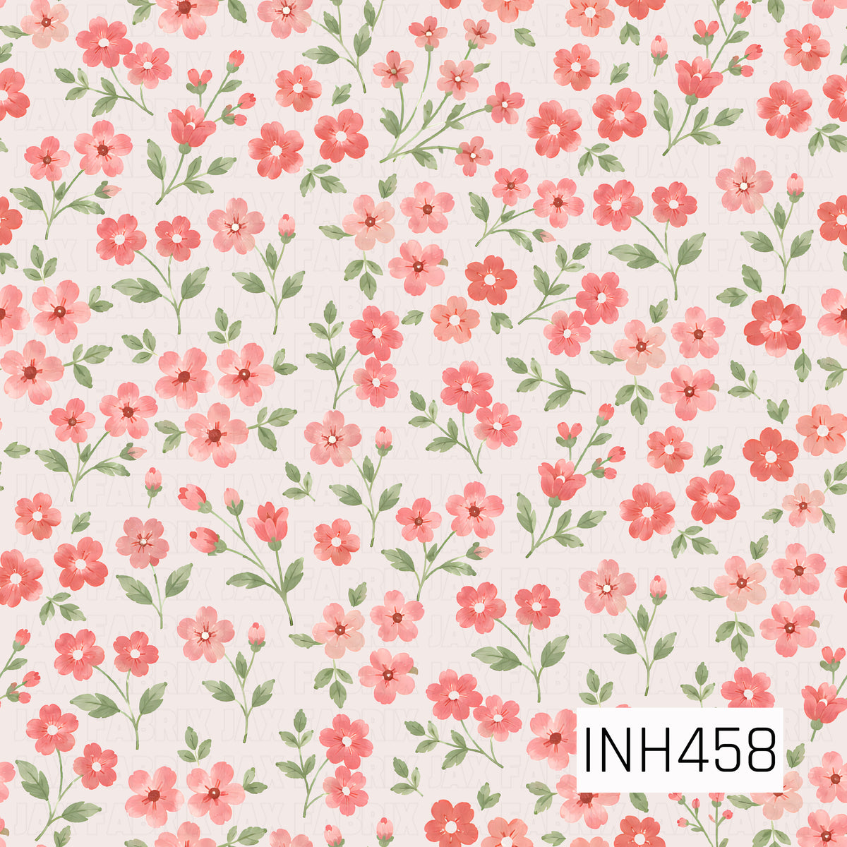 A charming watercolor floral pattern featuring an abundance of soft coral, salmon, and blush pink flowers in varying sizes. Delicate green stems, leafy sprigs, and tiny flower buds are scattered throughout, creating a full yet airy garden-inspired design. The subtle watercolor shading and soft ivory background give the print a romantic, vintage feel.