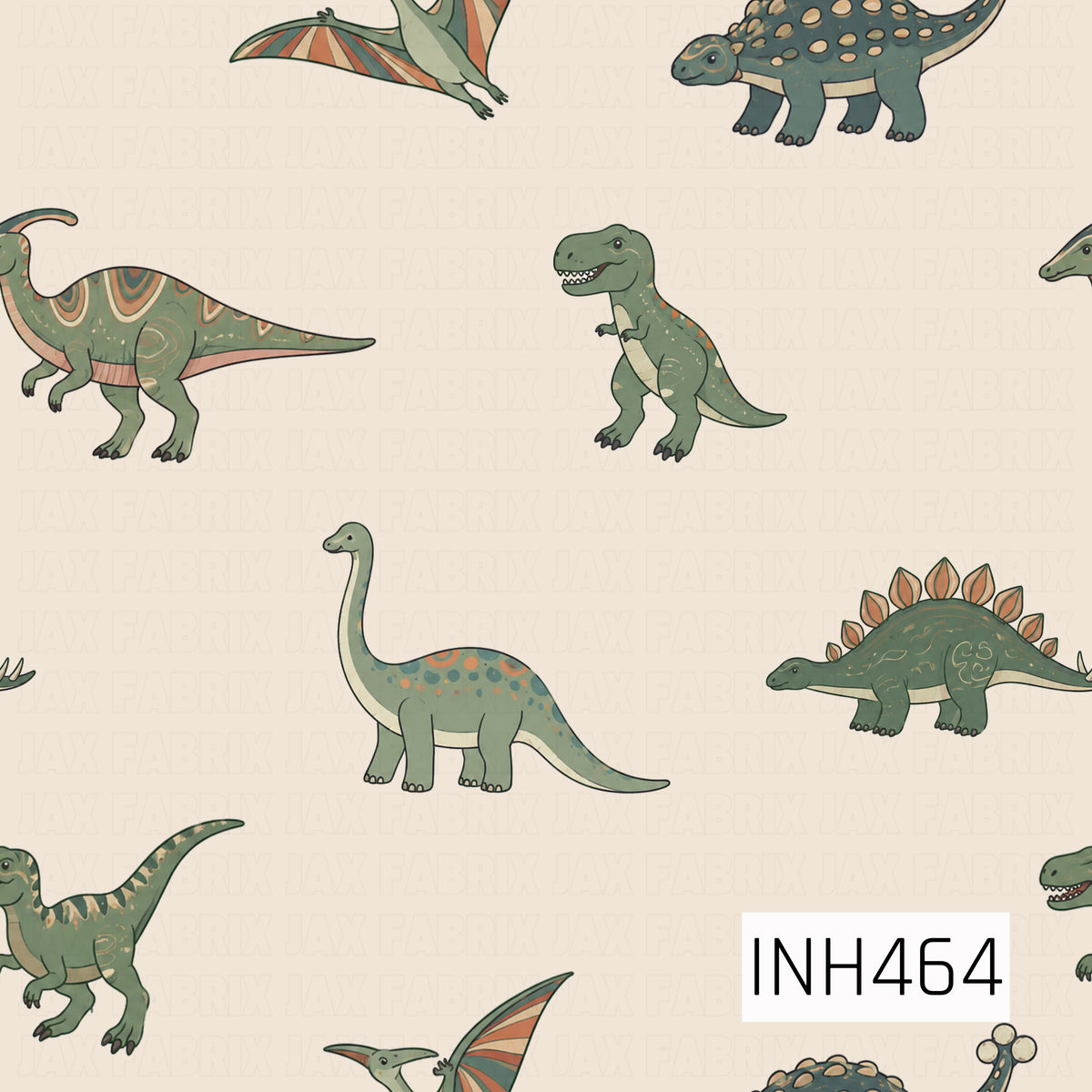 A playful dinosaur pattern featuring a variety of prehistoric favorites including T-Rex, long-neck dinosaurs, stegosaurus, ankylosaurus, raptors, and flying pterosaurs. Muted shades of sage and forest green with warm rust and tan accents give the design a vintage-inspired look against a soft cream background.
