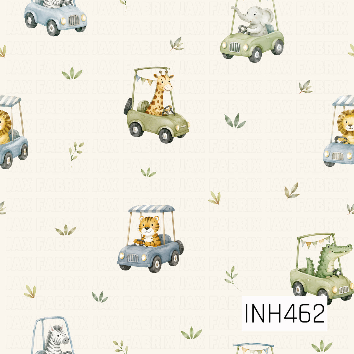A playful watercolor safari pattern featuring adorable jungle animals cruising around in little vintage cars. Giraffes, elephants, tigers, lions, zebras, and crocodiles ride in soft blue and sage green vehicles, accented with tiny leafy sprigs on a warm cream background.