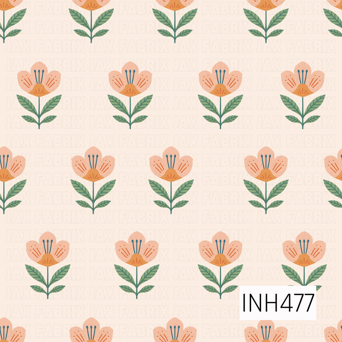 A charming retro folk floral pattern featuring evenly spaced peach and coral flowers with rounded petals, warm orange centers, and delicate teal stamen details. Each bloom sits atop a slender dark green stem surrounded by pairs of sage and olive green leaves with simple vein detailing. The soft cream background and clean, symmetrical arrangement give the design a playful mid-century vintage feel with a warm springtime color palette.