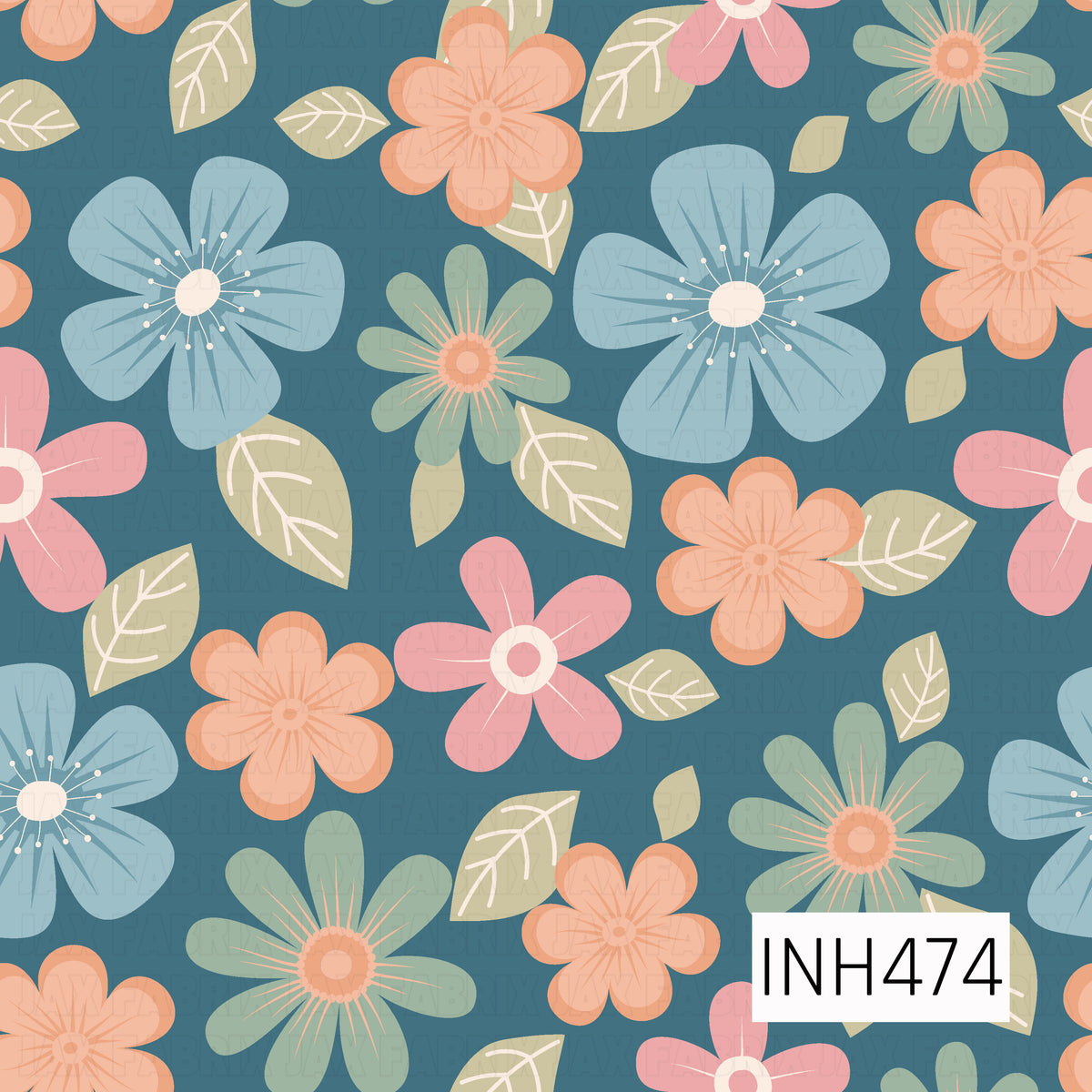 A bold retro floral pattern featuring oversized blooms in soft blue, coral, pink, and muted sage against a deep teal background. Cream and olive leaves are scattered throughout, with playful line details and stylized flower centers giving the design a fun, vintage-inspired feel.