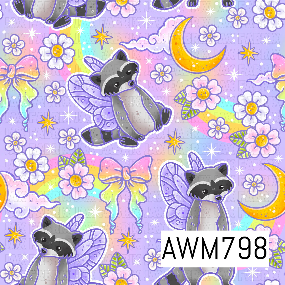 A whimsical seamless pattern featuring adorable raccoons with lavender fairy wings, pastel rainbows, crescent moons, bows, daisies, fluffy clouds, and sparkling stars on a soft purple background. This dreamy design is perfect for children’s apparel, quilts, blankets, nursery décor, pajamas, bows, bags, and other magical sewing and crafting projects.