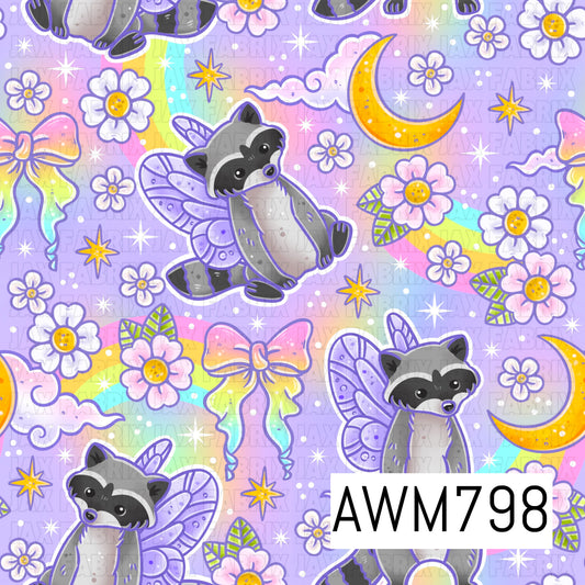 A whimsical seamless pattern featuring adorable raccoons with lavender fairy wings, pastel rainbows, crescent moons, bows, daisies, fluffy clouds, and sparkling stars on a soft purple background. This dreamy design is perfect for children’s apparel, quilts, blankets, nursery décor, pajamas, bows, bags, and other magical sewing and crafting projects.