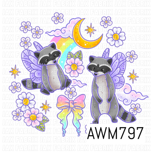 A whimsical PNG featuring adorable raccoons with lavender fairy wings, pastel rainbows, crescent moons, fluffy clouds, daisies, sparkling stars, and a rainbow bow in soft shades of lavender, pink, yellow, and mint. Perfect for children’s apparel, bows, blankets, nursery décor, bags, stickers, tumblers, and other magical crafting and sewing projects.
