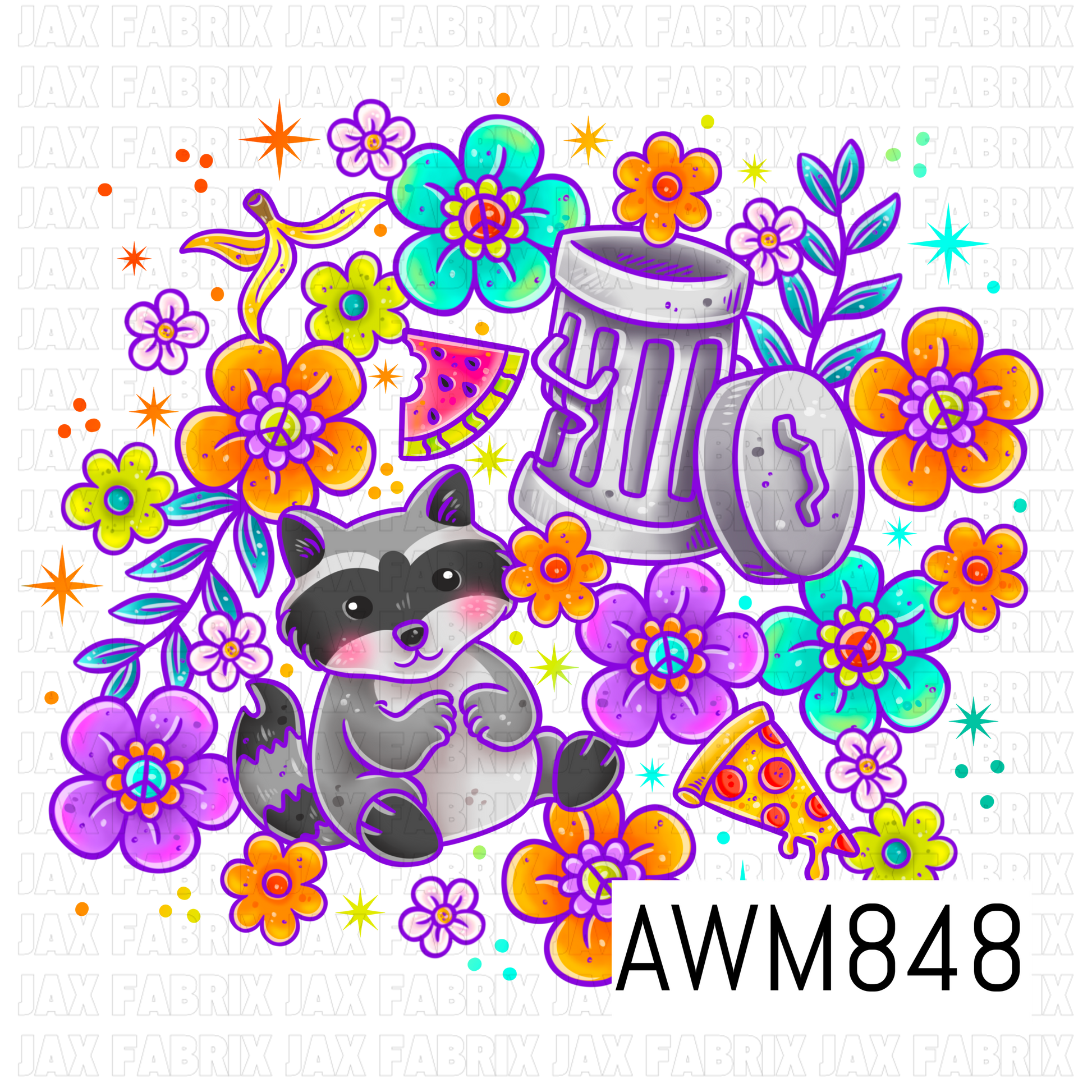 A coordinating PNG clipart arrangement featuring a cute raccoon surrounded by vibrant retro flowers, a metal trash can, pizza slices, a banana peel, leafy accents, and colorful starbursts. Designed in bold shades of purple, teal, orange, yellow, and lime green with playful neon details, this transparent-background graphic combines whimsical woodland charm with fun urban scavenger vibes and groovy floral elements.