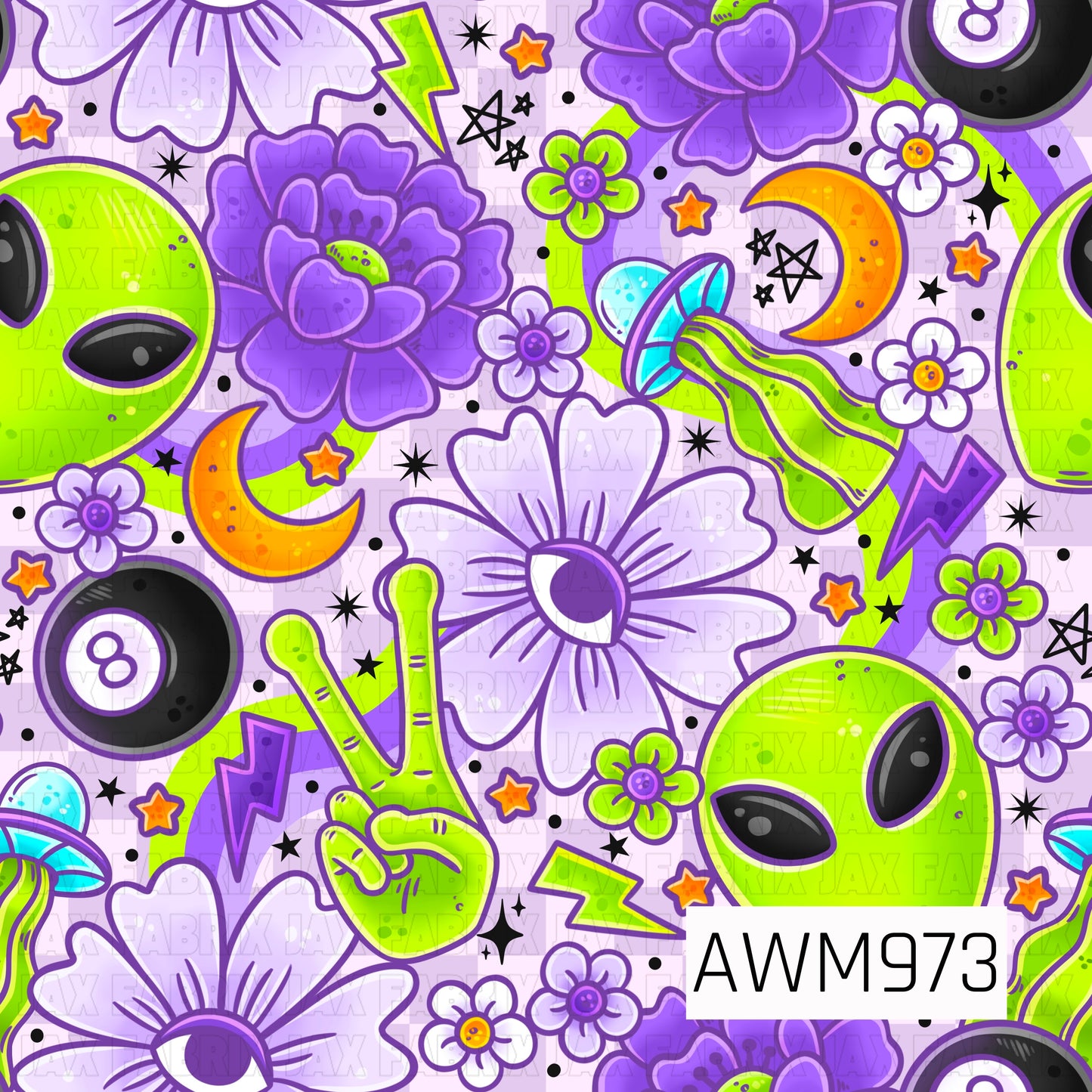 A vibrant psychedelic-inspired pattern featuring bright green alien heads, UFOs, black 8-balls, peace signs, crescent moons, lightning bolts, and oversized purple and white flowers. Set against a soft lavender background with scattered stars, dots, and floral accents, this colorful design blends shades of lime green, purple, black, white, orange, and blue for a fun retro aesthetic with cosmic and groovy influences.
