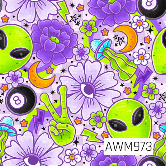 A vibrant psychedelic-inspired pattern featuring bright green alien heads, UFOs, black 8-balls, peace signs, crescent moons, lightning bolts, and oversized purple and white flowers. Set against a soft lavender background with scattered stars, dots, and floral accents, this colorful design blends shades of lime green, purple, black, white, orange, and blue for a fun retro aesthetic with cosmic and groovy influences.
