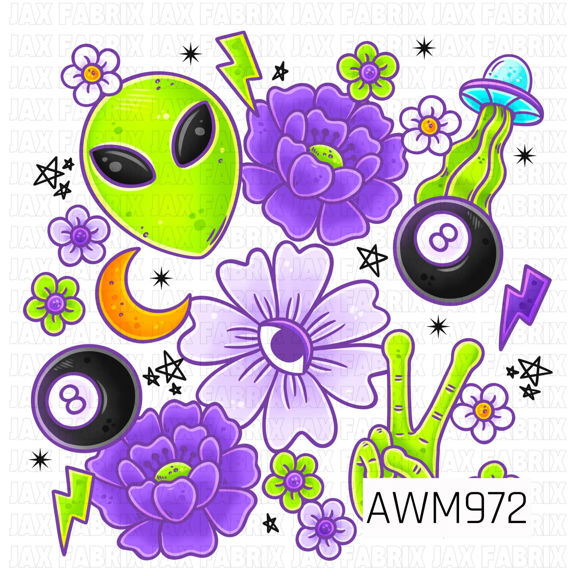 A bold retro-inspired design featuring a playful mix of extraterrestrial and celestial elements, including a bright green alien head, neon green bong, UFO, black 8-balls, crescent moon, lightning bolts, and oversized floral blooms. Set against a black background with scattered stars and flower accents, this vibrant artwork combines shades of lime green, purple, black, white, and orange for a fun psychedelic aesthetic with a vintage groovy vibe.
