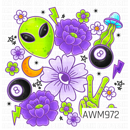 A bold retro-inspired design featuring a playful mix of extraterrestrial and celestial elements, including a bright green alien head, neon green bong, UFO, black 8-balls, crescent moon, lightning bolts, and oversized floral blooms. Set against a black background with scattered stars and flower accents, this vibrant artwork combines shades of lime green, purple, black, white, and orange for a fun psychedelic aesthetic with a vintage groovy vibe.
