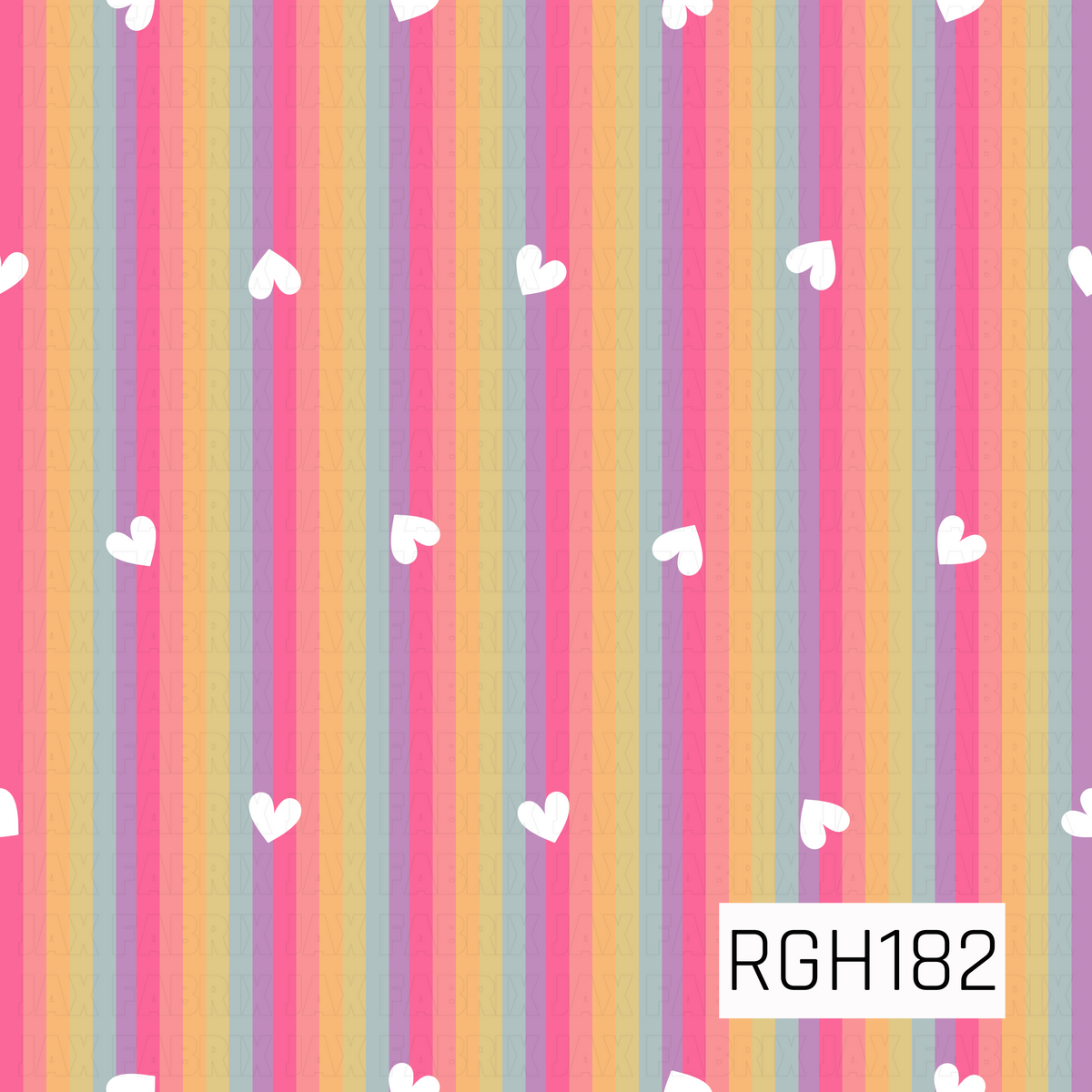 A bright retro-inspired stripe pattern featuring vertical bands of hot pink, coral, peach, mustard yellow, dusty blue, and lavender. Small, hand-drawn white hearts are scattered evenly throughout, adding a sweet and playful touch. The overlapping stripes and slightly muted colors give the design a fun, nostalgic feel.