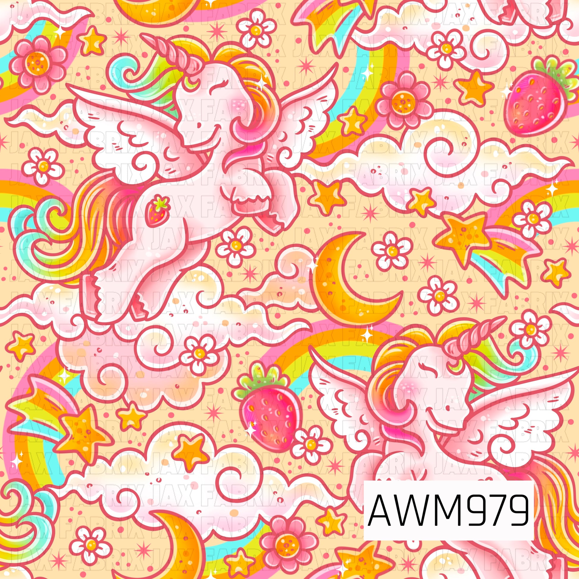 This whimsical seamless pattern features adorable pink winged unicorns soaring through fluffy clouds, surrounded by colorful rainbows, crescent moons, sparkling stars, strawberries, and cheerful flowers. Set against a warm cream background, the design combines soft pinks, bright yellows, and vibrant rainbow accents to create a sweet and magical fantasy theme. Perfect for fabric, accessories, nursery décor, and whimsical handmade projects.
