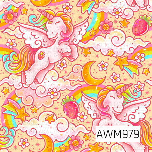This whimsical seamless pattern features adorable pink winged unicorns soaring through fluffy clouds, surrounded by colorful rainbows, crescent moons, sparkling stars, strawberries, and cheerful flowers. Set against a warm cream background, the design combines soft pinks, bright yellows, and vibrant rainbow accents to create a sweet and magical fantasy theme. Perfect for fabric, accessories, nursery décor, and whimsical handmade projects.
