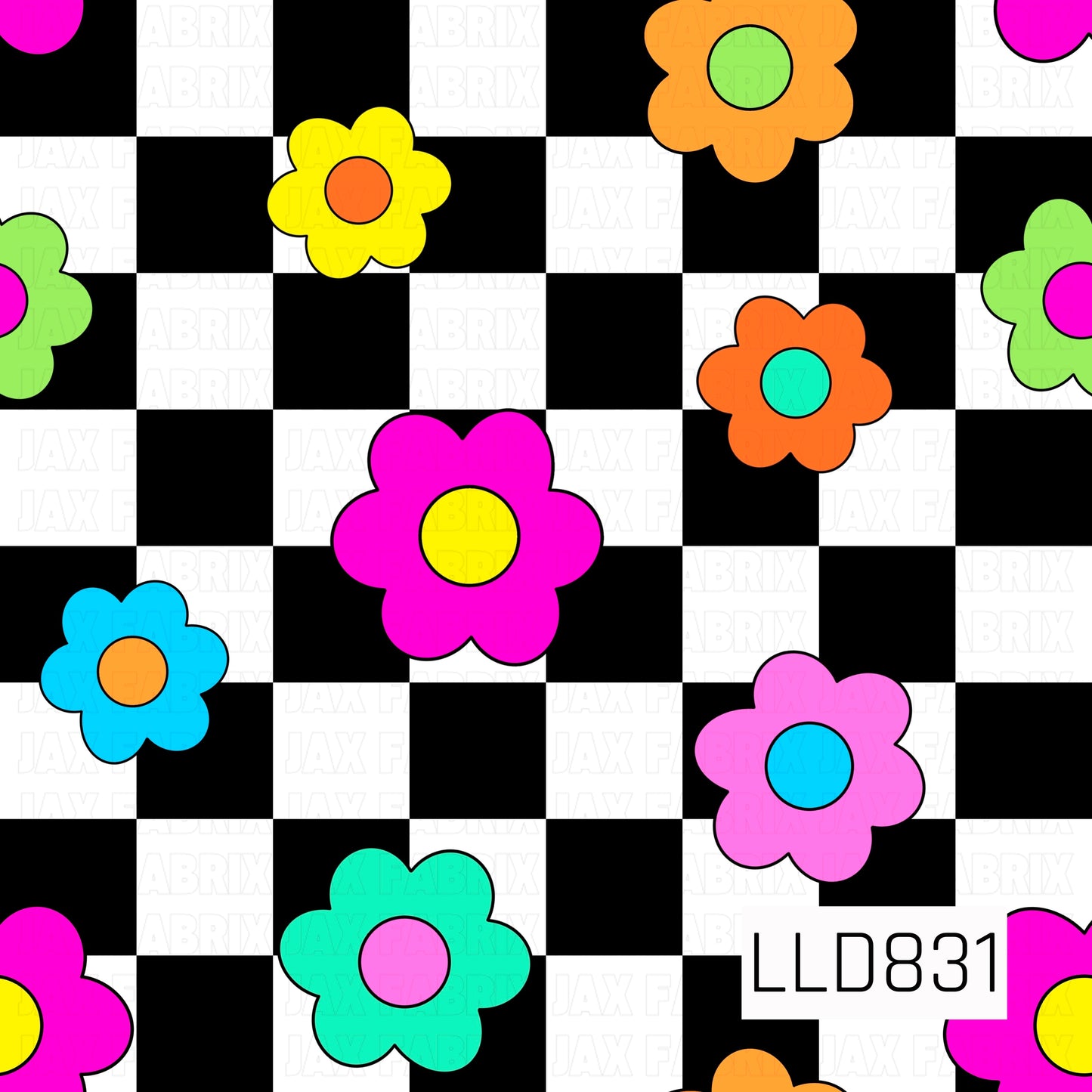 A seamless pattern of bright pink, orange, yellow, teal, blue, green, and lavender retro flowers on a black and white checkerboard background.
