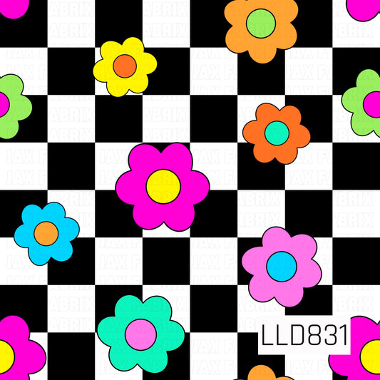 A seamless pattern of bright pink, orange, yellow, teal, blue, green, and lavender retro flowers on a black and white checkerboard background.
