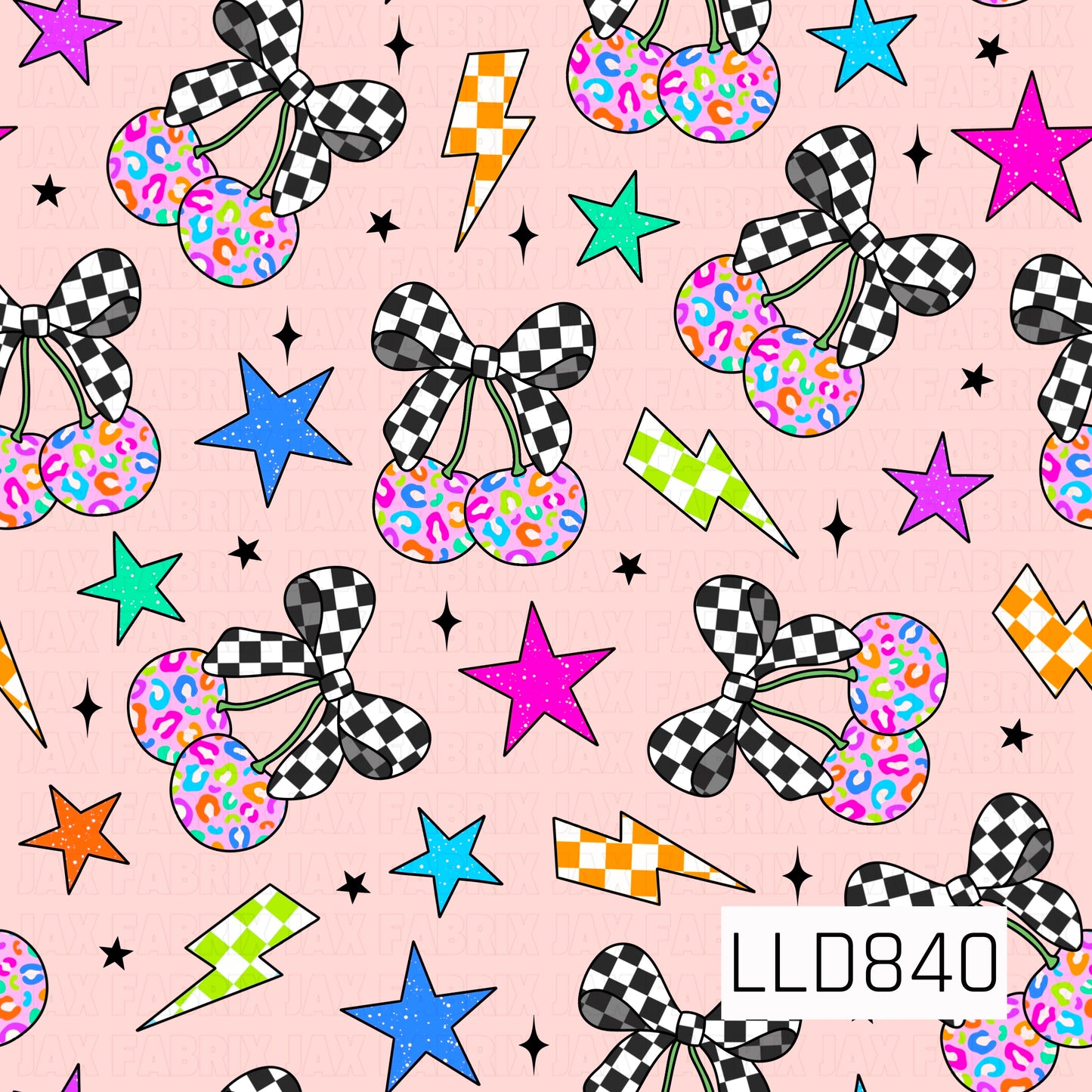 A seamless pattern featuring colorful leopard print cherries with black and white checkerboard bows, accented by bright stars, checkerboard lightning bolts, and black sparkles on a light pink background.
