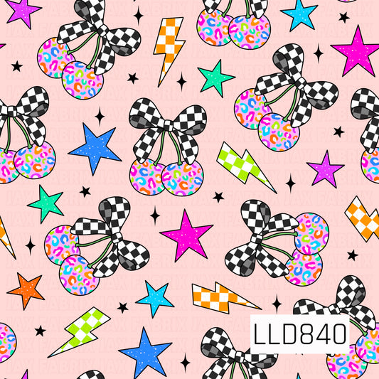 A seamless pattern featuring colorful leopard print cherries with black and white checkerboard bows, accented by bright stars, checkerboard lightning bolts, and black sparkles on a light pink background.
