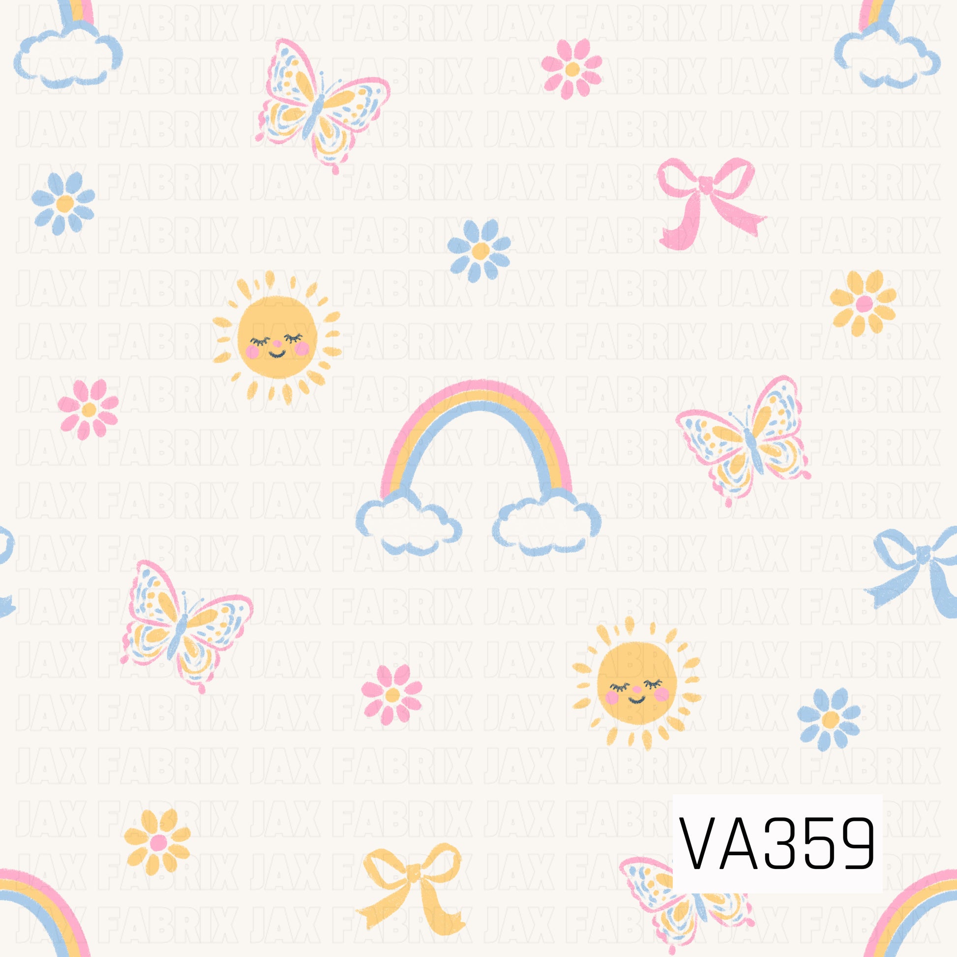 A cheerful pastel print with rainbows, fluffy clouds, smiling suns, butterflies, colorful flowers, and sweet little bows scattered across a soft cream background.
