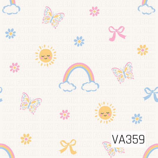 A cheerful pastel print with rainbows, fluffy clouds, smiling suns, butterflies, colorful flowers, and sweet little bows scattered across a soft cream background.
