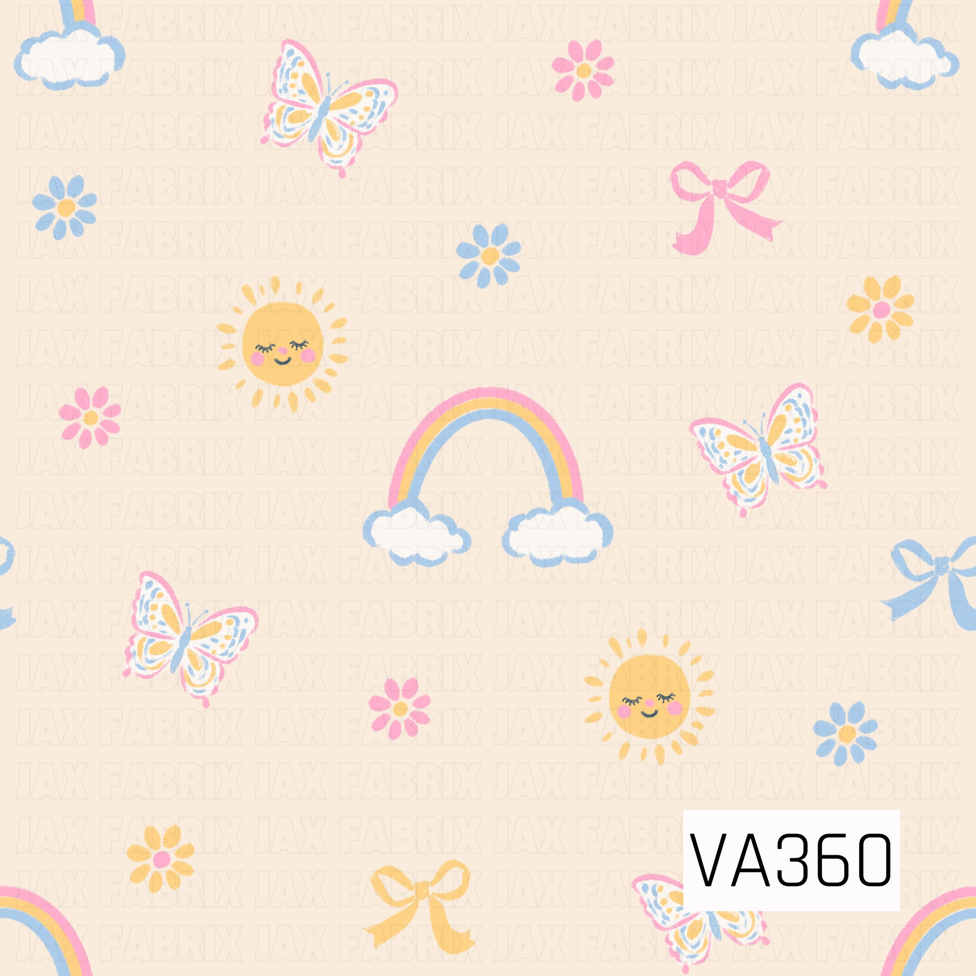 A sweet pastel print with rainbows, fluffy clouds, smiling suns, butterflies, tiny flowers, and bows scattered across a warm cream background.
