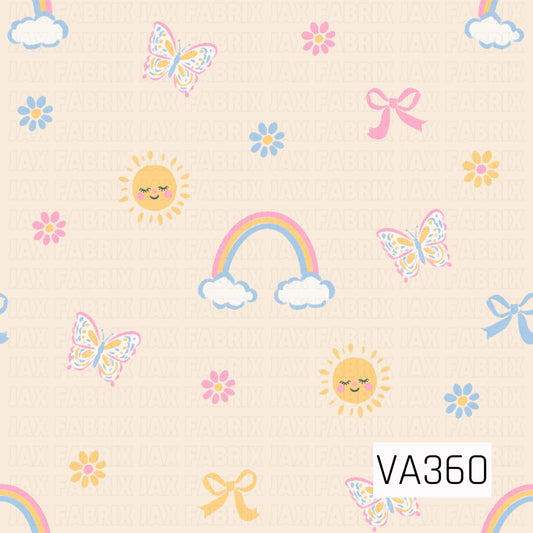 A sweet pastel print with rainbows, fluffy clouds, smiling suns, butterflies, tiny flowers, and bows scattered across a warm cream background.
