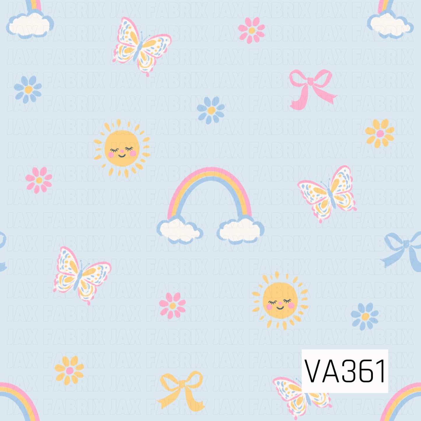 A sweet pastel print with rainbows, fluffy clouds, smiling suns, butterflies, tiny flowers, and bows scattered across a soft light blue background.
