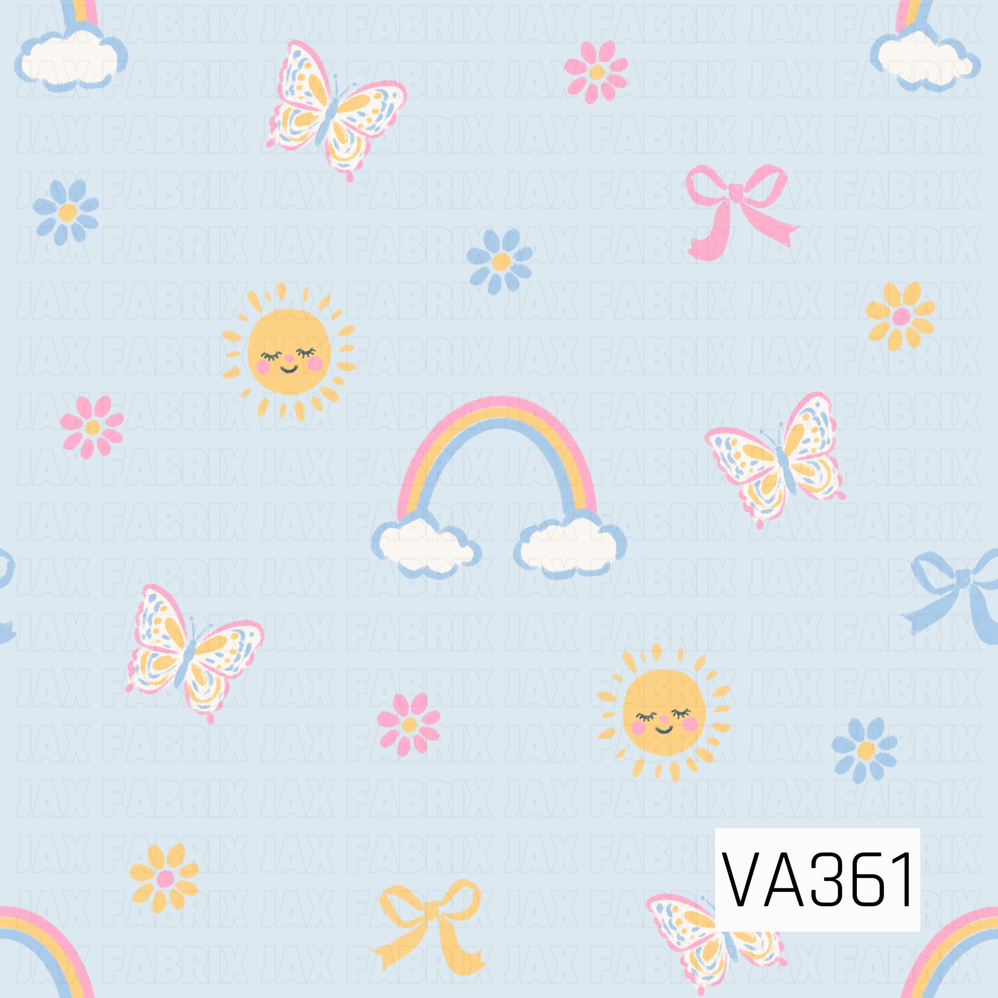 A sweet pastel print with rainbows, fluffy clouds, smiling suns, butterflies, tiny flowers, and bows scattered across a soft light blue background.
