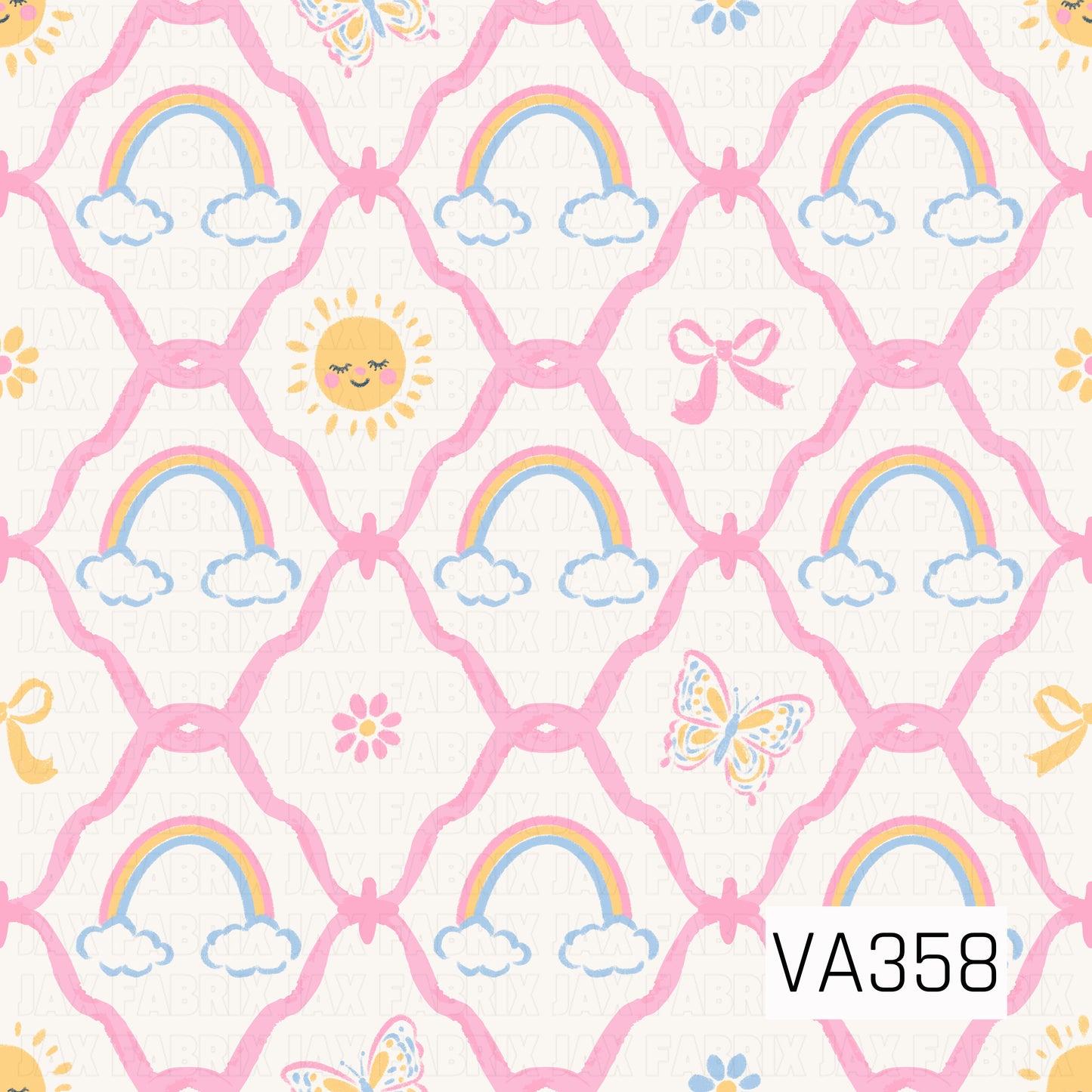 A sweet, playful print featuring pastel rainbows and fluffy clouds framed by a pink trellis. Scattered sunshine faces, butterflies, flowers, and bows add a cheerful, whimsical touch.
