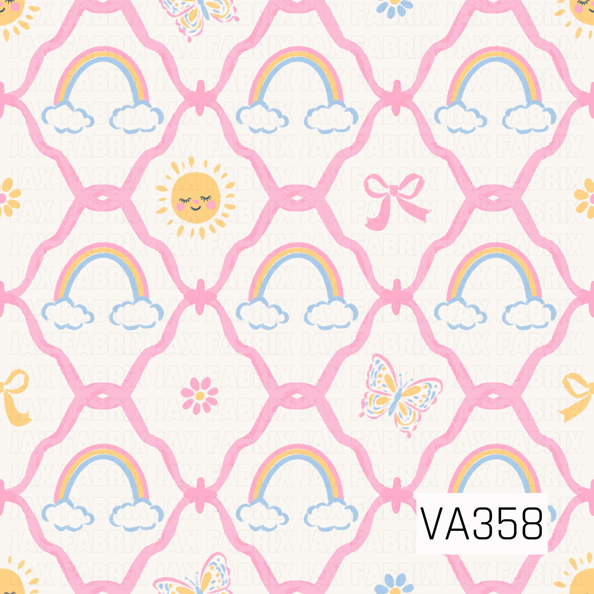 A sweet, playful print featuring pastel rainbows and fluffy clouds framed by a pink trellis. Scattered sunshine faces, butterflies, flowers, and bows add a cheerful, whimsical touch.
