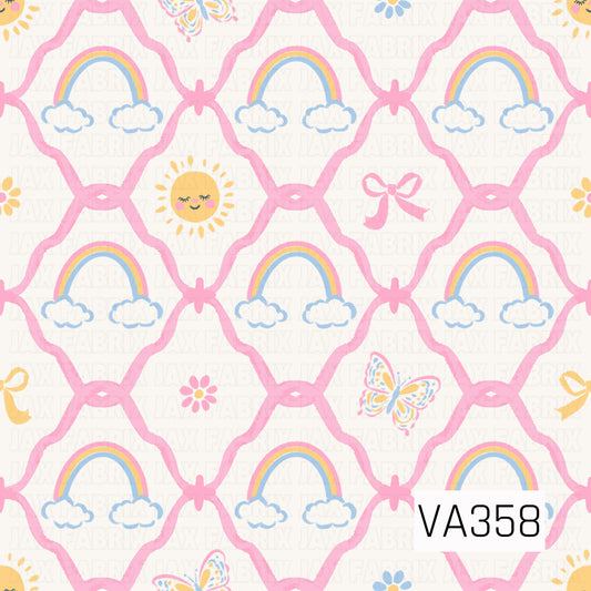 A sweet, playful print featuring pastel rainbows and fluffy clouds framed by a pink trellis. Scattered sunshine faces, butterflies, flowers, and bows add a cheerful, whimsical touch.
