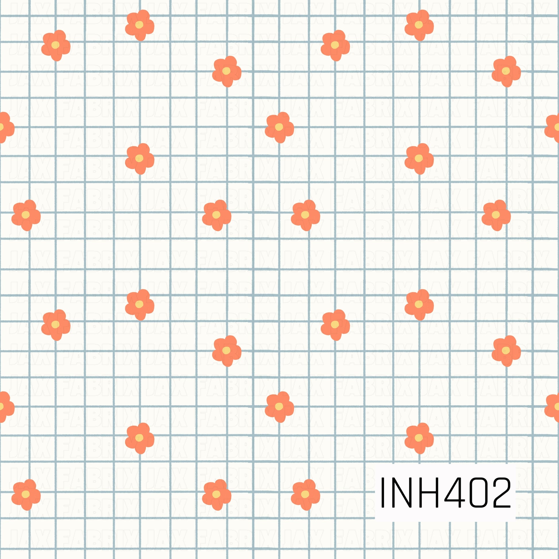 A playful retro pattern featuring coral-orange flowers with sunny yellow centers scattered across a hand-drawn powder-blue grid on a warm ivory background.
