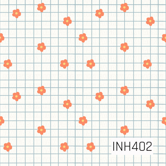 A playful retro pattern featuring coral-orange flowers with sunny yellow centers scattered across a hand-drawn powder-blue grid on a warm ivory background.
