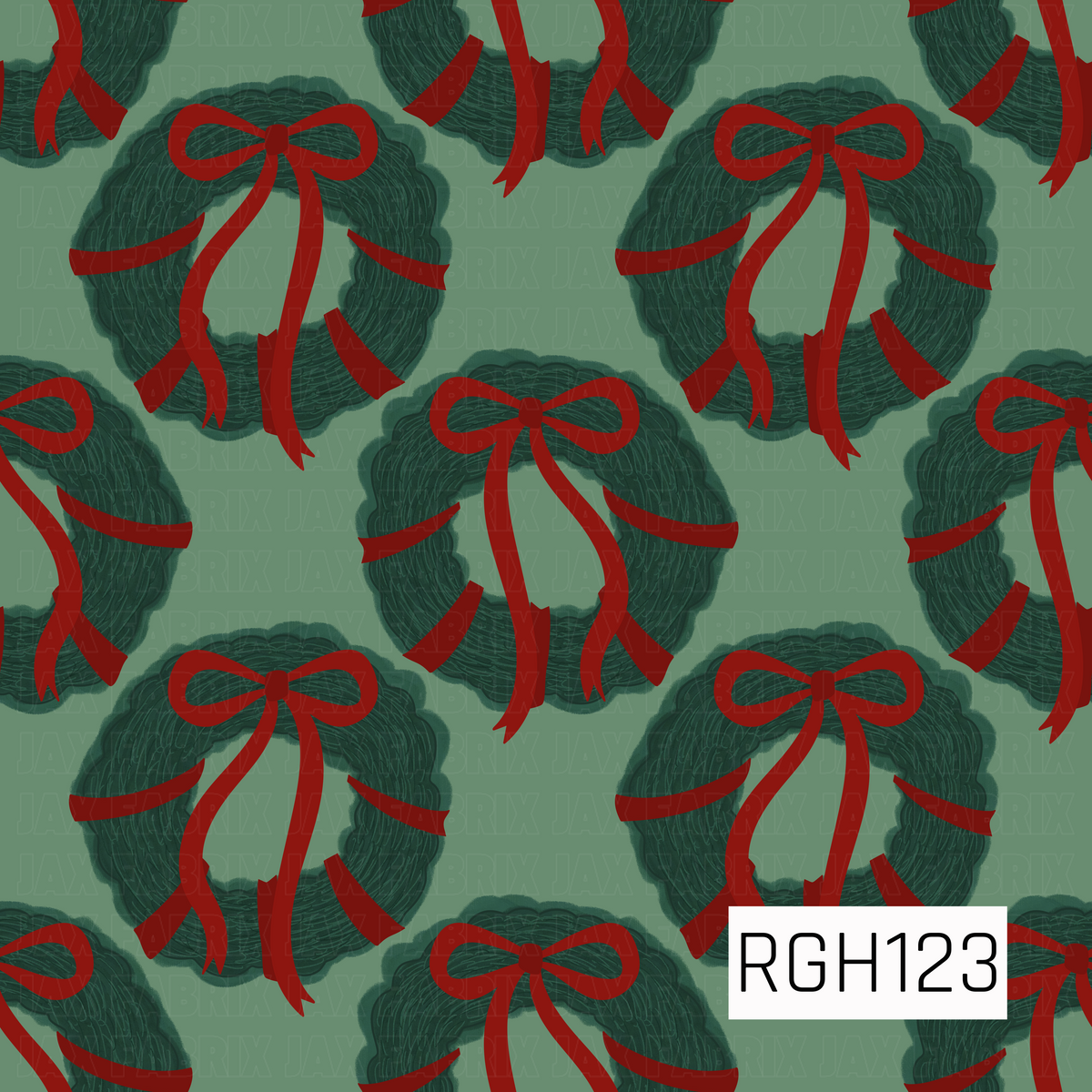 A festive Christmas wreath pattern featuring textured deep green wreaths wrapped with classic red ribbon and topped with oversized red bows. The wreaths are arranged across a soft muted sage green background for a cozy, vintage-inspired holiday look.
