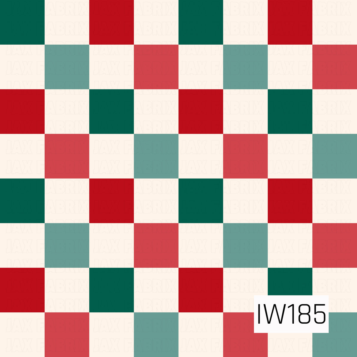 A festive Christmas checkered pattern featuring alternating squares of rich emerald green, vibrant red, soft sage green, muted rosy red, and warm ivory. The evenly spaced squares create a bold, classic checkerboard design with a cheerful holiday feel.