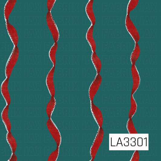 A festive Christmas pattern featuring twisting red ribbons arranged in vertical rows against a rich teal green background. The classic red paired with the brighter teal gives this holiday design a fun, colorful twist.
