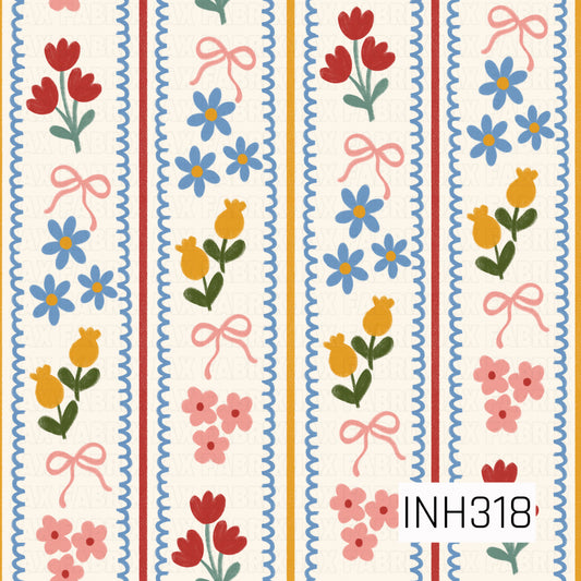 
A charming vintage-inspired floral stripe featuring rows of red tulips, blue daisies, yellow blossoms, pink flowers, and delicate bows framed by scalloped blue borders. The playful arrangement creates a sweet cottage garden feel with soft spring colors and folk-art charm.
