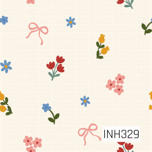 A sweet scattered floral pattern featuring simple hand-painted blooms in red, pink, blue, and yellow, accented with delicate pink bows and green leaves. Set against a soft cream background, the playful design has a light, cheerful cottagecore charm with a whimsical vintage feel.
