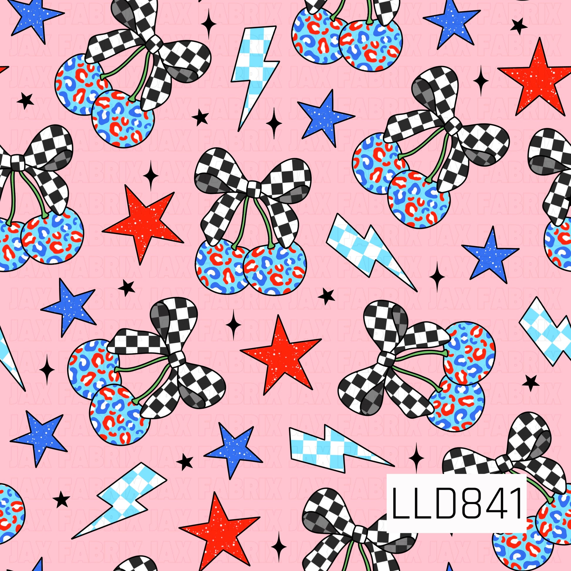 A seamless pattern featuring blue leopard print cherries with black and white checkerboard bows, accented by blue and red stars, light blue checkerboard lightning bolts, and black sparkles on a light pink background.
