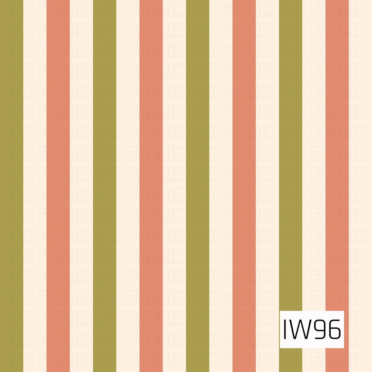 A retro-inspired vertical stripe pattern featuring alternating bands of muted olive green, warm terracotta peach, and soft ivory. The evenly spaced, bold stripes create a clean, classic look, while the earthy color palette adds a cozy, vintage charm. A simple yet versatile design that perfectly coordinates with retro florals and other nostalgic prints.