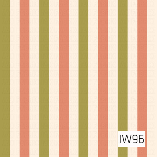 A retro-inspired vertical stripe pattern featuring alternating bands of muted olive green, warm terracotta peach, and soft ivory. The evenly spaced, bold stripes create a clean, classic look, while the earthy color palette adds a cozy, vintage charm. A simple yet versatile design that perfectly coordinates with retro florals and other nostalgic prints.