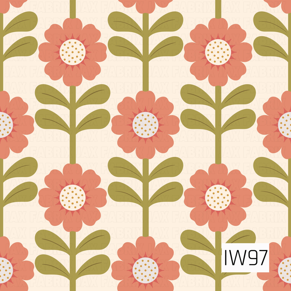 A charming, retro-inspired floral pattern featuring warm peach and coral daisies with scalloped petals and cream centers dotted with golden yellow accents. Each flower is surrounded by muted olive green stems and pairs of elongated leaves with delicate vein details. The soft ivory background complements the earthy color palette, creating a cozy, vintage-inspired design with a playful, nostalgic feel.