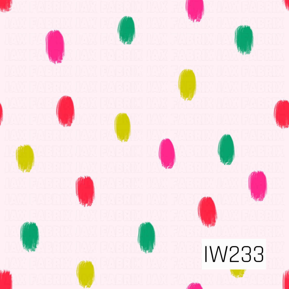 A playful Christmas-inspired pattern featuring scattered, hand-painted oval dots in vibrant hot pink, bright red, emerald green, and lime yellow. Each dot has a textured brushstroke finish, creating a fun, whimsical look against a soft blush pink background.