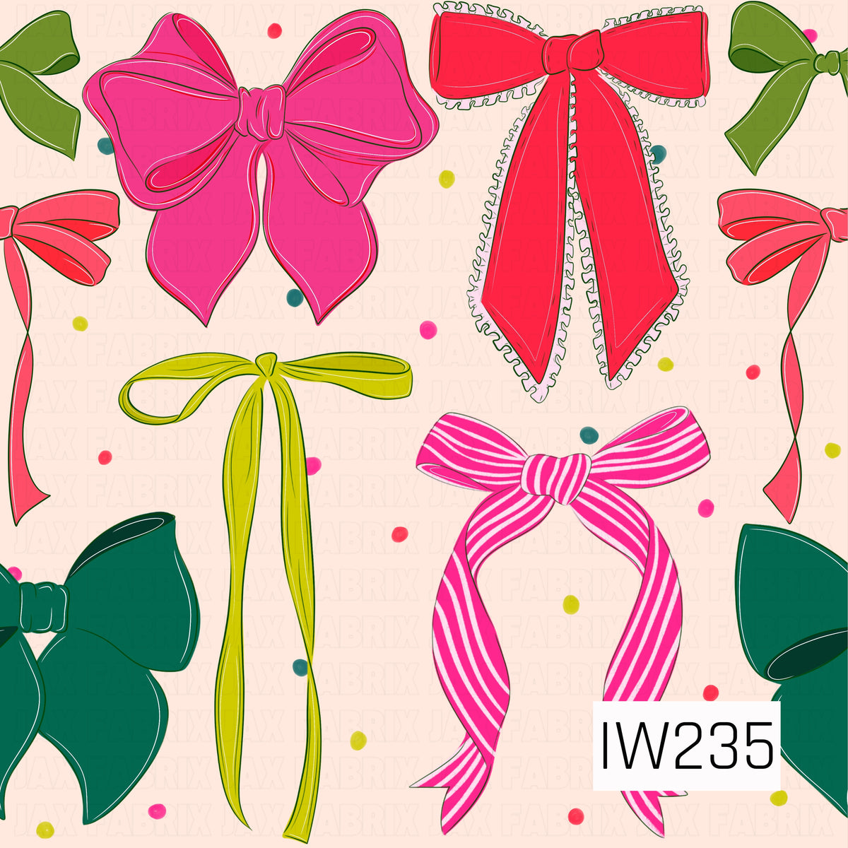 A playful retro Christmas pattern featuring an assortment of oversized bows in vibrant hot pink, cherry red, coral, lime green, and deep emerald. Each bow showcases a unique style, from classic satin-inspired bows to delicate ribbon ties, striped bows, and ruffled edges. Scattered colorful confetti dots against a soft blush pink background complete this fun, whimsical holiday design.