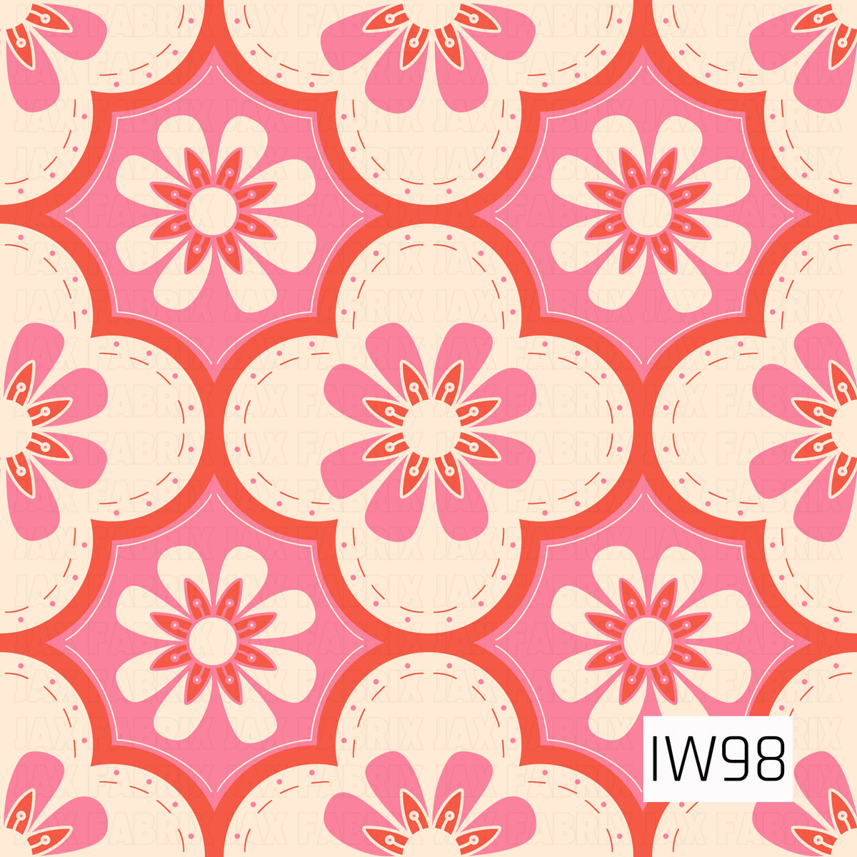 A bold, retro-inspired geometric floral pattern featuring vibrant pink and coral red quatrefoil shapes arranged in a repeating tile-like layout. Each shape showcases layered daisy motifs with soft cream petals, intricate coral accents, and delicate dotted details. Scalloped circular elements and curved borders connect the floral designs against a warm ivory background, creating a playful, vintage-inspired print with a fun 70s flair.