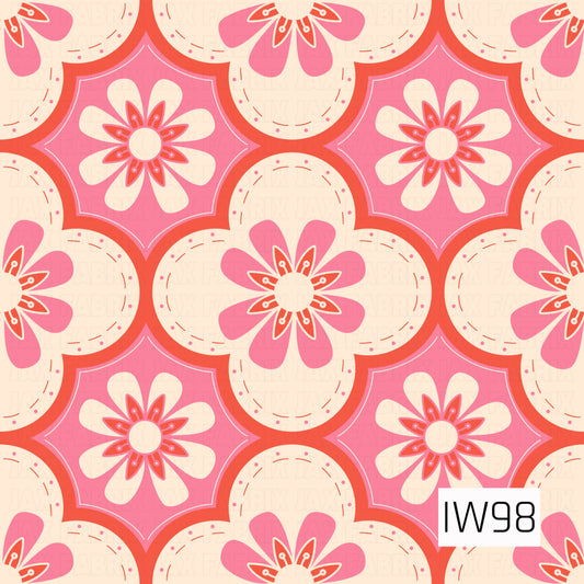 A bold, retro-inspired geometric floral pattern featuring vibrant pink and coral red quatrefoil shapes arranged in a repeating tile-like layout. Each shape showcases layered daisy motifs with soft cream petals, intricate coral accents, and delicate dotted details. Scalloped circular elements and curved borders connect the floral designs against a warm ivory background, creating a playful, vintage-inspired print with a fun 70s flair.