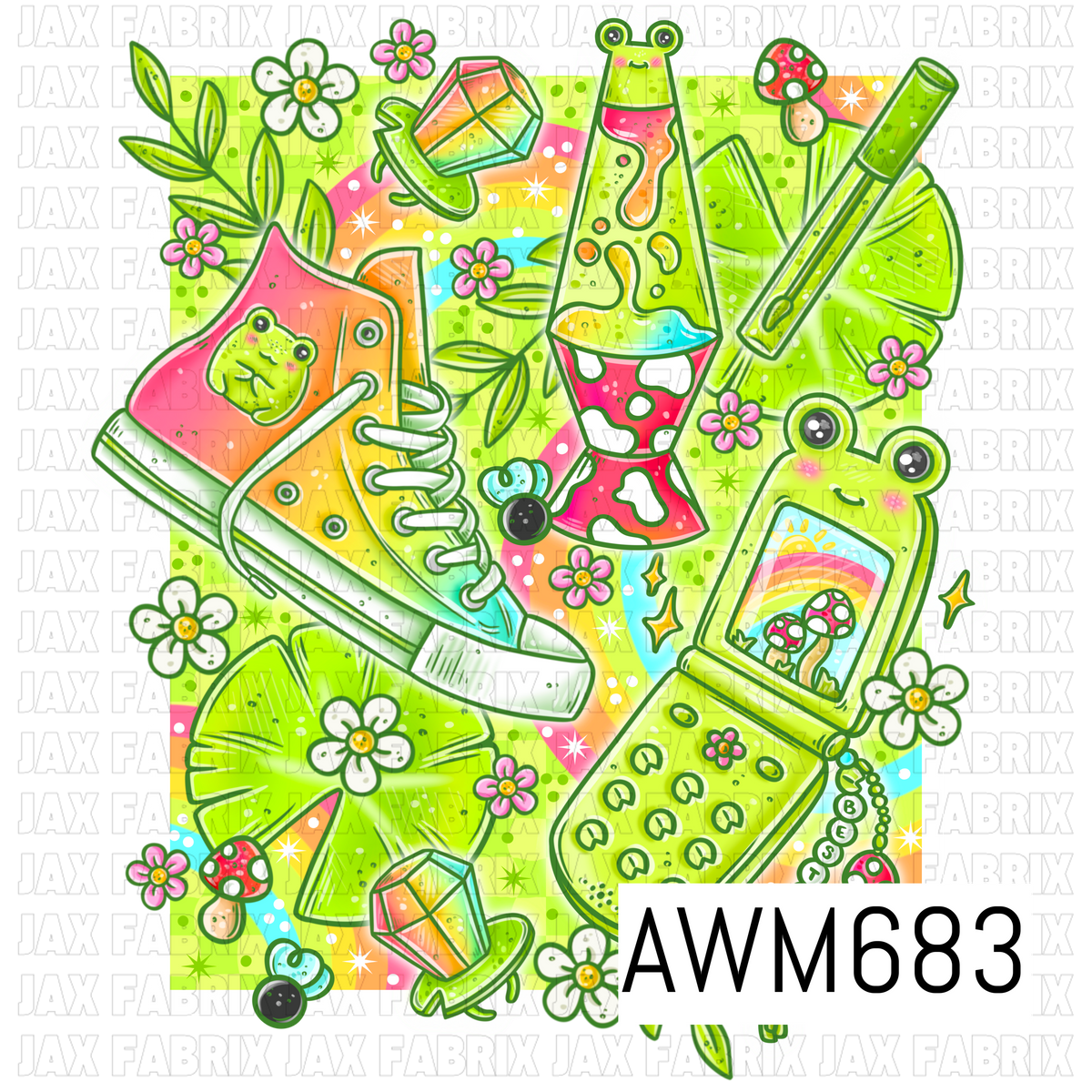 A bright retro PNG featuring colorful high-top sneakers, a frog lava lamp, a cute frog-shaped flip phone, mushrooms, flowers, crystals, fireflies, and leafy accents. Vibrant lime green, hot pink, orange, aqua, and white create a playful groovy look.