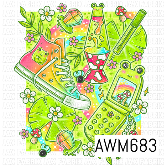 A bright retro PNG featuring colorful high-top sneakers, a frog lava lamp, a cute frog-shaped flip phone, mushrooms, flowers, crystals, fireflies, and leafy accents. Vibrant lime green, hot pink, orange, aqua, and white create a playful groovy look.